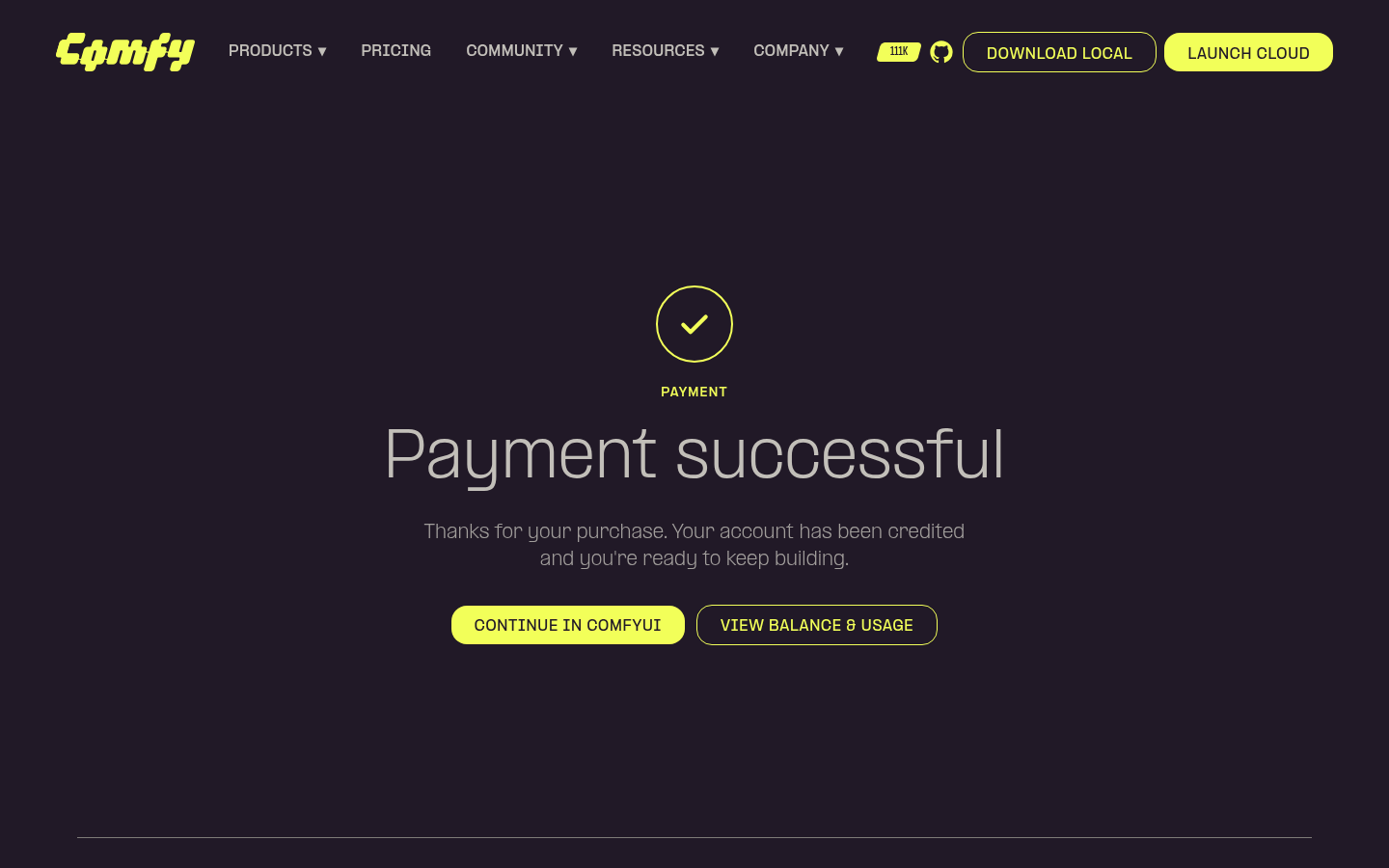Payment success page (EN, desktop) with Continue in ComfyUI and View balance & usage CTAs