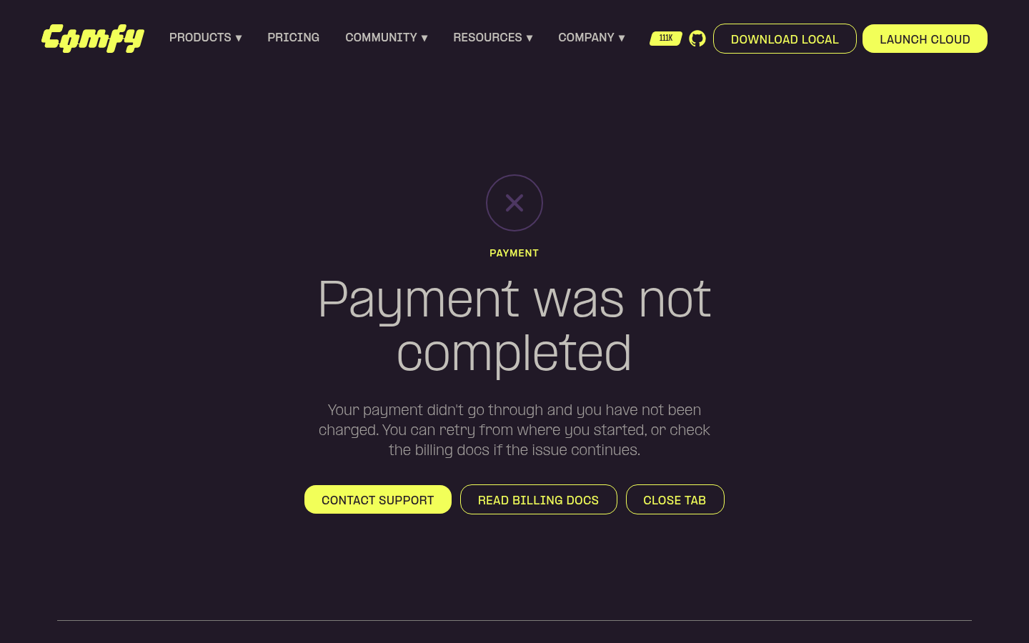 Payment failed page (EN, desktop) with Contact support, Read billing docs and Close tab CTAs