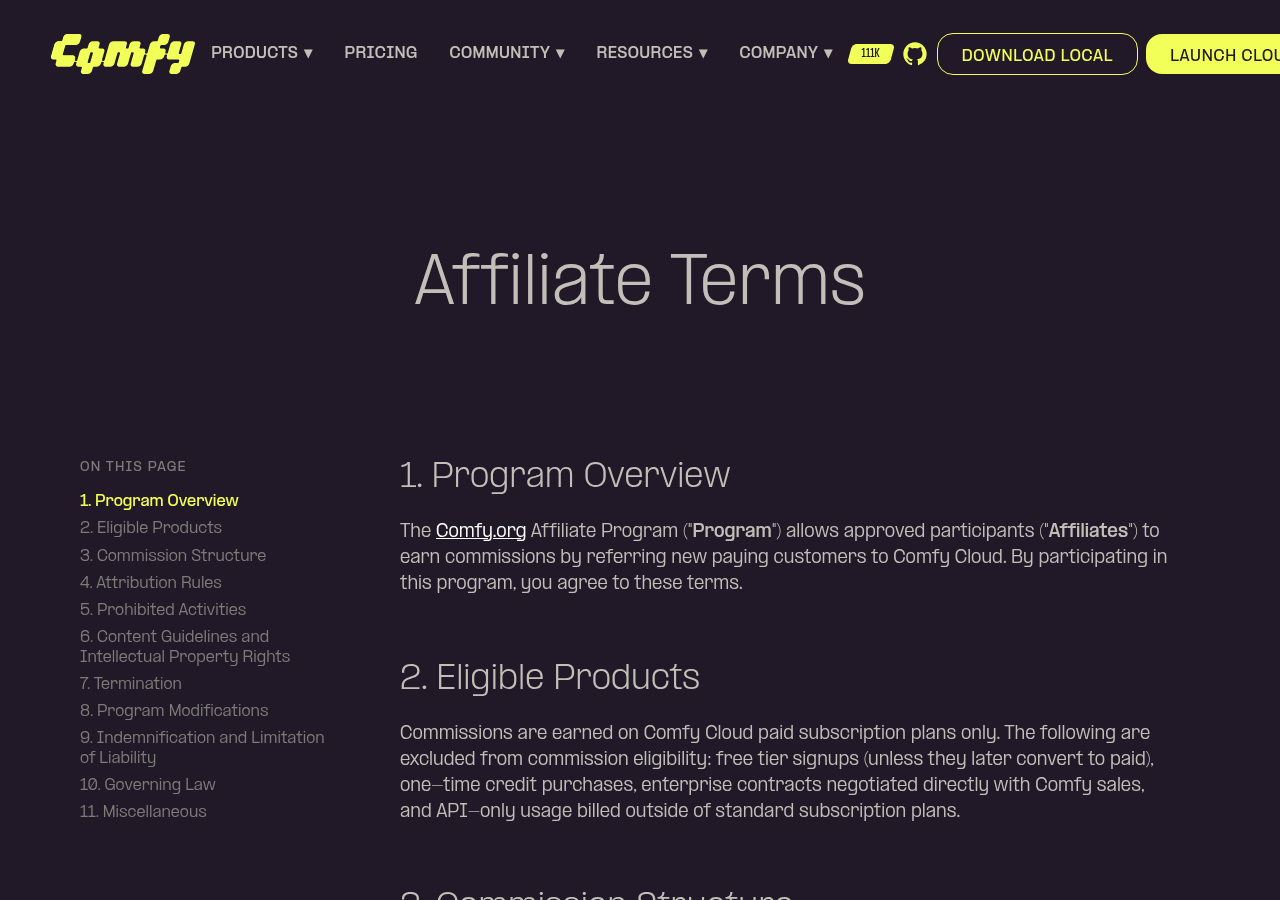 Desktop view at 1280px showing the Affiliate Terms hero, sticky 'On
this page' sidebar TOC with all 11 sections, and the first two sections
rendered with proper inline links and bolded defined
terms