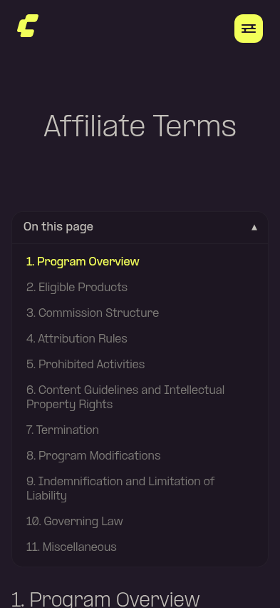 Mobile view with the accordion expanded, showing all 11 section links
as tap targets and the active section highlighted in
yellow