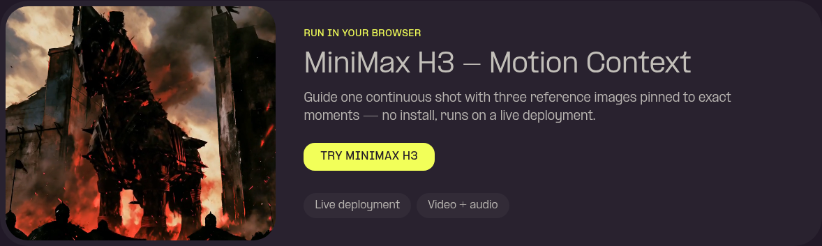 The MiniMax H3 promo section live on comfy.org/workflows today - video, heading, blurb, TRY MINIMAX H3 CTA and tag pills all rendering correctly