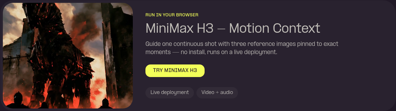 Promo block under normal motion once scrolled into view: the gate has opened and the clip is playing mid-scene