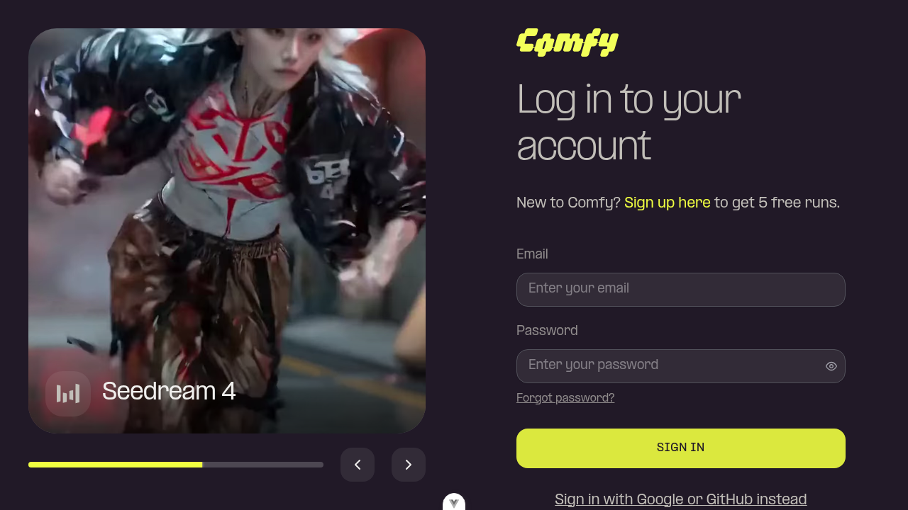 Cloud login page email form showing both the SIGN IN submit button and the 'Sign in with Google or GitHub instead' fallback link — the two elements that collided under the substring locator