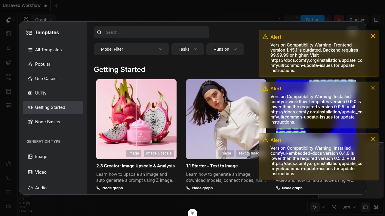 Three version warning toasts displayed: outdated frontend (1.45.1 < 99.99.99), outdated workflow-templates (0.9.0 < 0.9.5), and outdated embedded-docs (0.4.0 < 0.5.0). The skipped comfyui-frontend-package entry and the up-to-date comfy-kitchen entry produced no extra toasts.