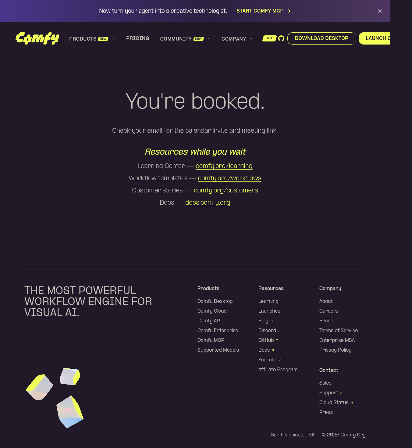 Desktop 1280x900 view of /booking-confirmation: centered hero 'You're
booked.', body 'Check your email for the calendar invite and meeting
link!', yellow-italic 'Resources while you wait' heading, and four
centered rows showing Learning Center/Workflow templates/Customer
stories/Docs with their comfy.org
URLs.